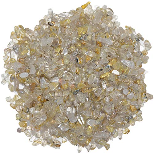 Digging Dolls: 2 lbs of Tumbled Golden Rutilated Quartz Chip Stones - Polished Rocks for Crafts, Art, Vase Filler, Decoration, Reiki, Crystal Jewelry Making and More!